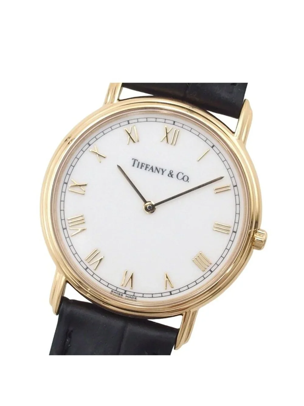 Tiffany & Co Classic Round White 18K Yellow Gold Leather Watch Quartz Battery